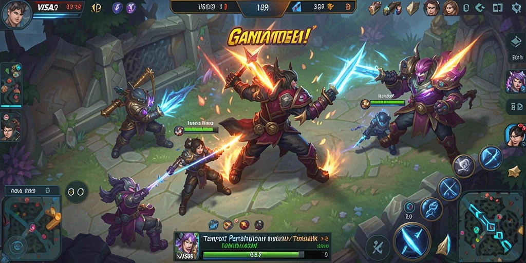 Screenshot menunjukkan gameplay seru dengan karakter bertarung di arena.