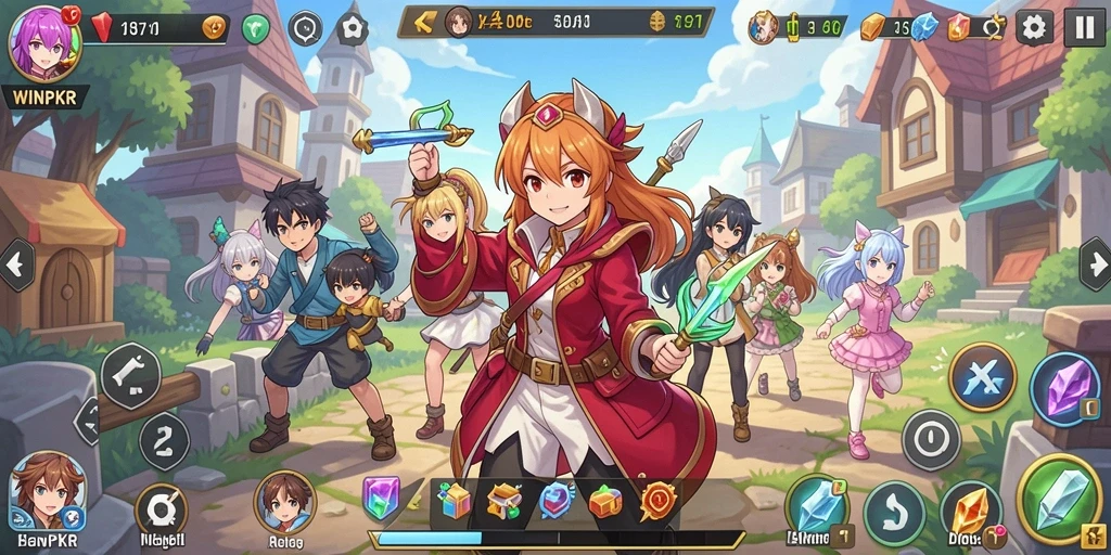 Tampilan gameplay seru dari WINPKR dengan karakter anime yang menarik.